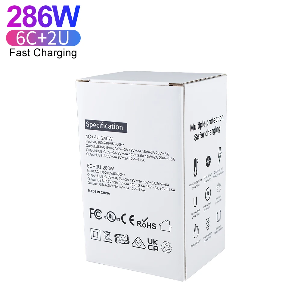 Type C 286W Desktop 6C2A Multi Port GaN Charger 100W USB C Super Fast Charging For Mobile Phone Laptop Portable Charger Adapter