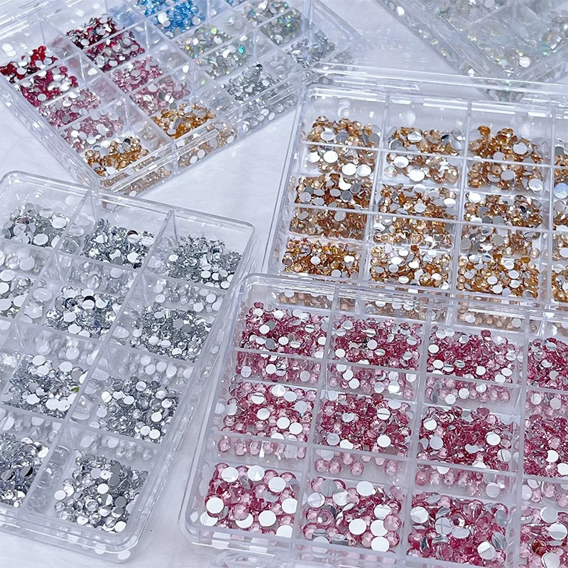 12 Grid Nail Diamond Nail Silver Bottom Small Round Diamond Size Mixed Color Bottom Glass Water Diamond Flat Bottom Rhinestones