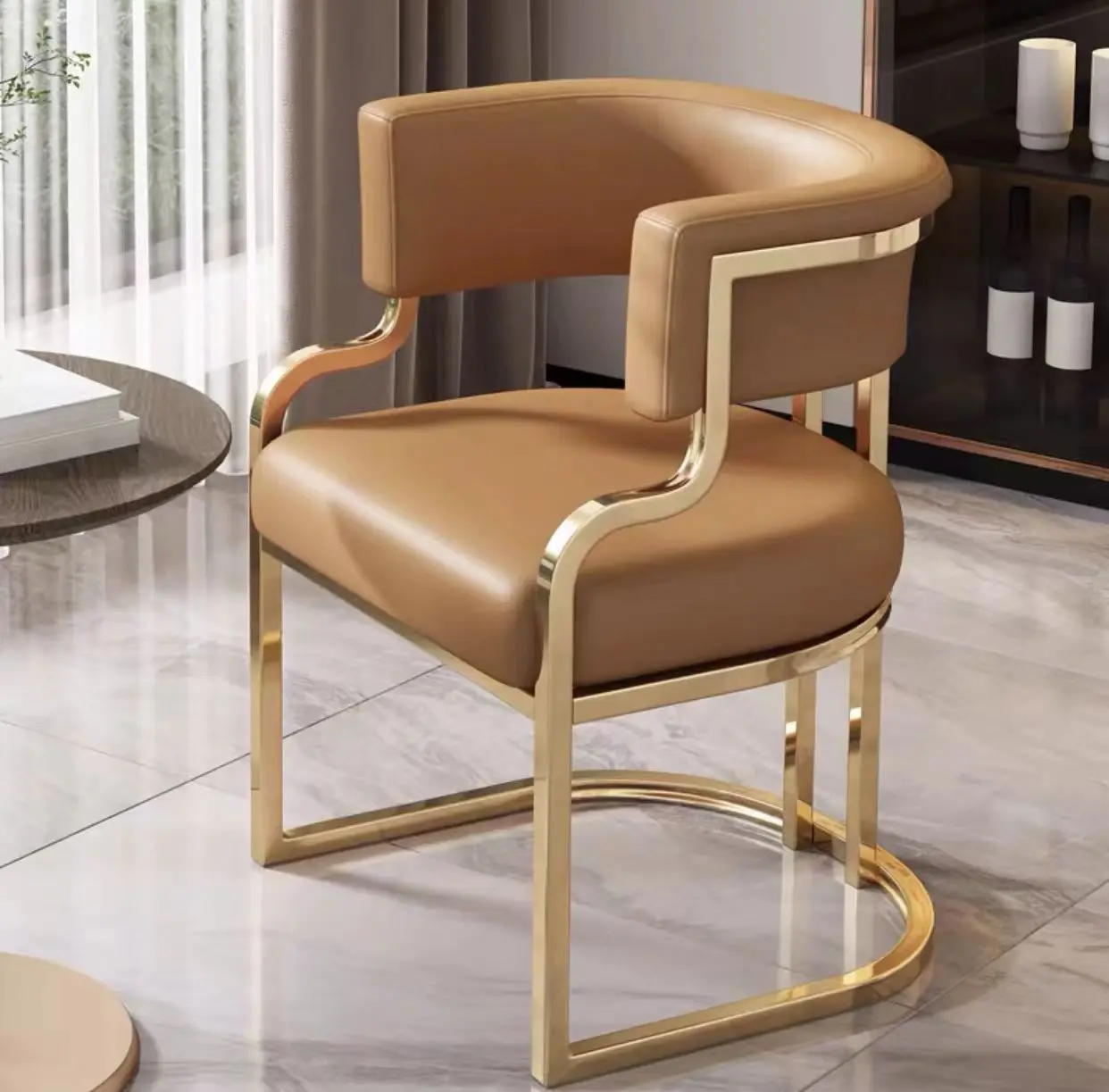 Modern Luxury Cafe Salon Visitor Golden Metal Upholstered Tub Leather Dining Armchair Chairs For Sale