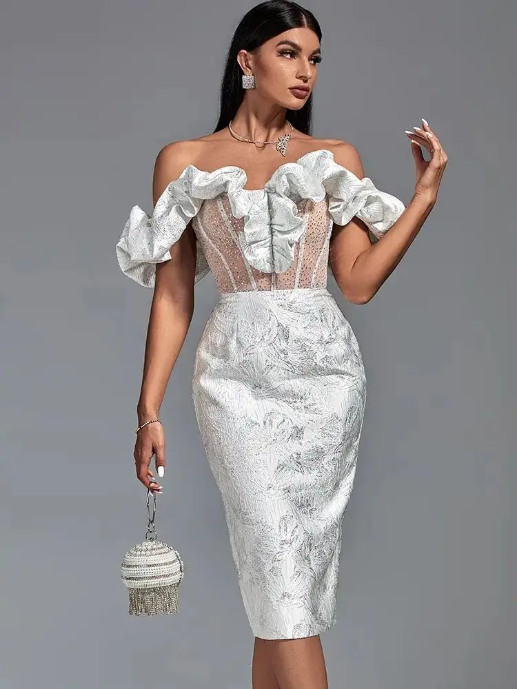 Summer ladies jacquard short party dresses tulle sequin waist shaping luxury evening dress