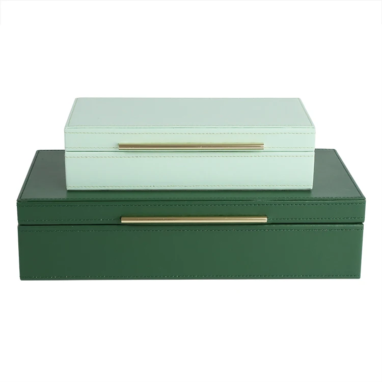 Set of 2 dark and light green storage box desk pu leather cosmetic makeup jewelry sundries storage box with lid