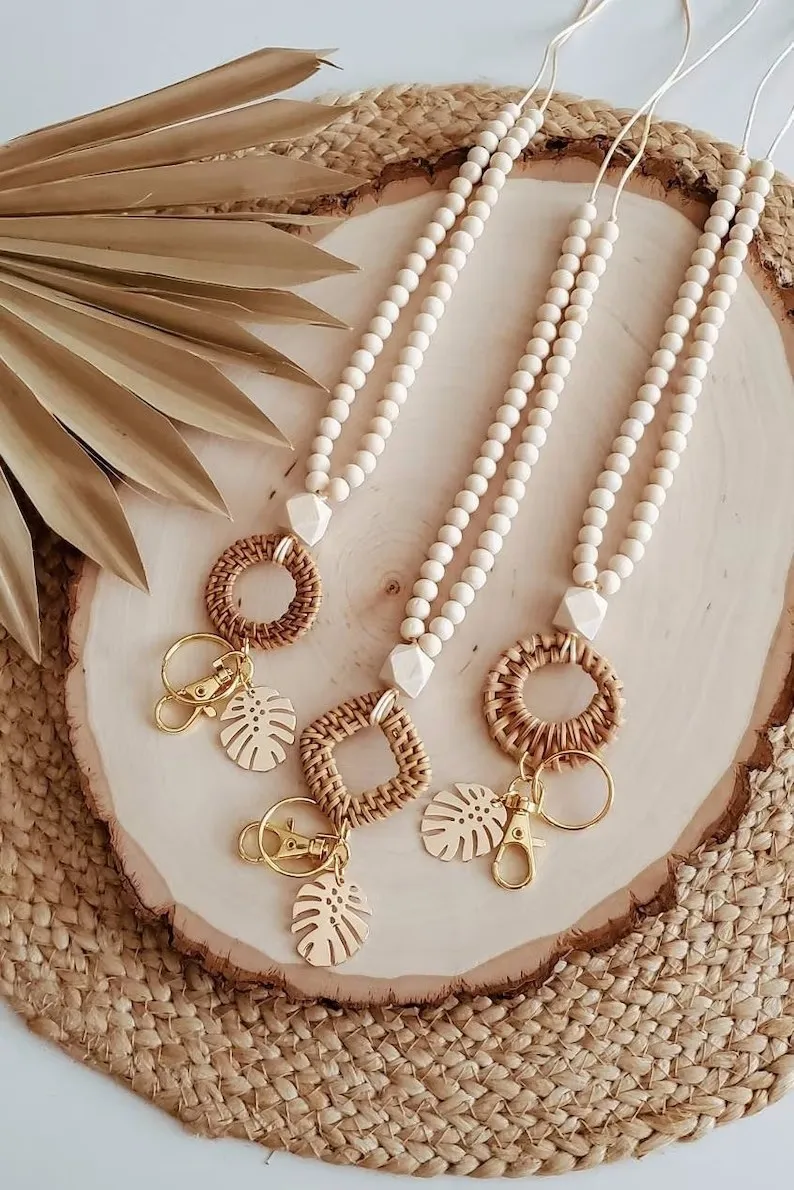 CUSTOM BOHO LANYARD Rattan Wooden Beaded Lanyard With Leaf for Teacher Necklace Handwoven