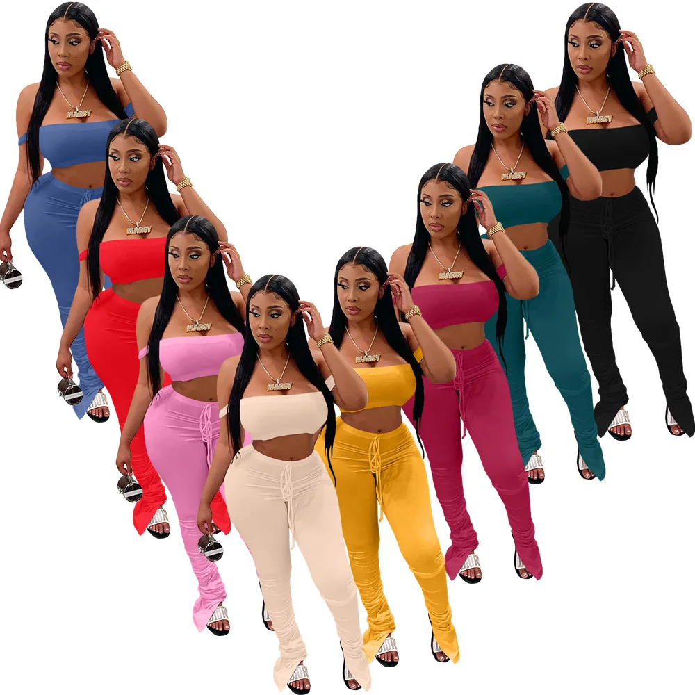 2022 Summer Solid Color Crop Tube Top Folds Long Pants Leisure Wear 2 Piece Set Women Two Piece Short Set Two Piece Pants Set