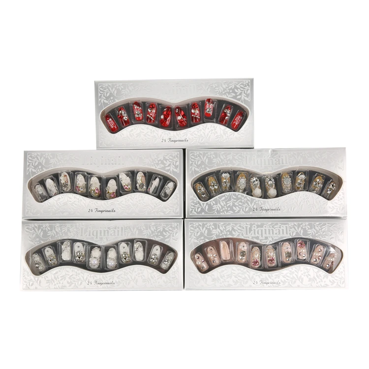 24pcs/box Luxury Bride wedding Hand-Made 3D Diamond False Nails Self-Adhesive Beautiful Wedding Nail