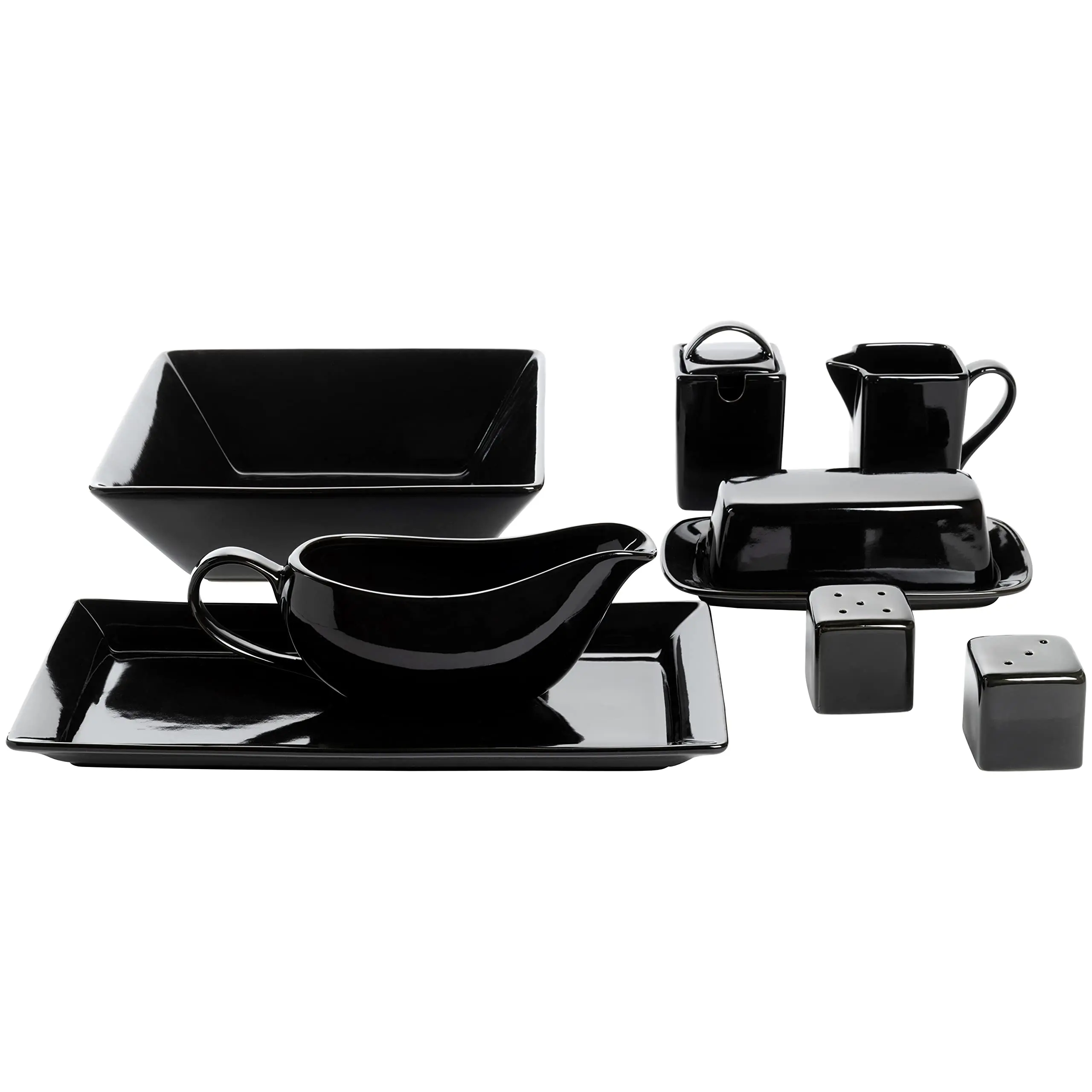 Ceramic Square Dinner Sets Durable Porcelain Dinnerware Set, 38 Piece, Black Dinnerware Set