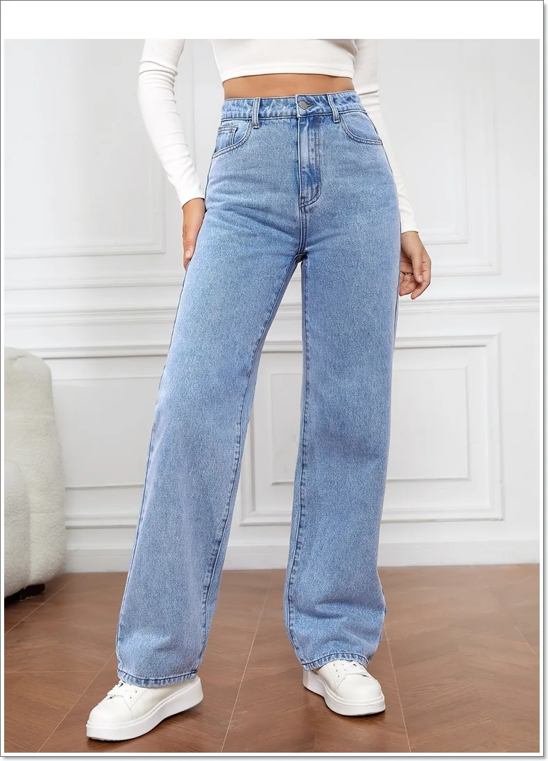 High Street women baggy jeans trousers high rise multi pockets faded washed denim wide leg cargo jeans