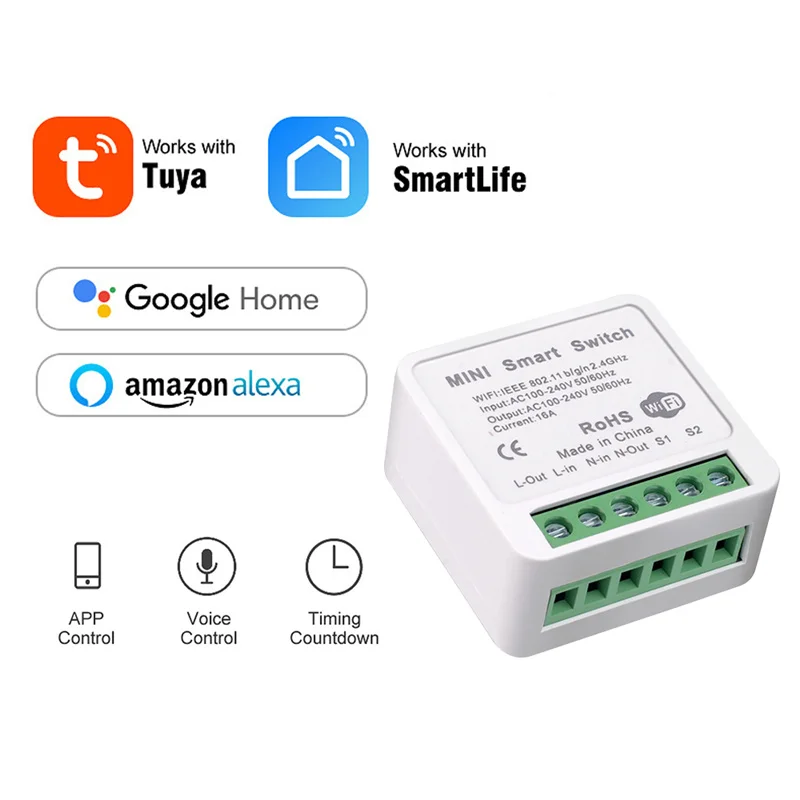 Mini Smart Wifi DIY Switch 16A Supports Automation Tuya Smart Wifi Switch 2 Way Control, Smart Home AC 100-240V 50/60hz PC V-0