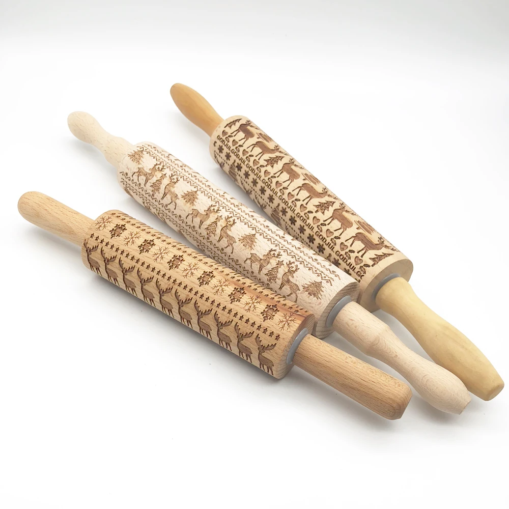 2020 natural wooden print rolling pin christmas decoration