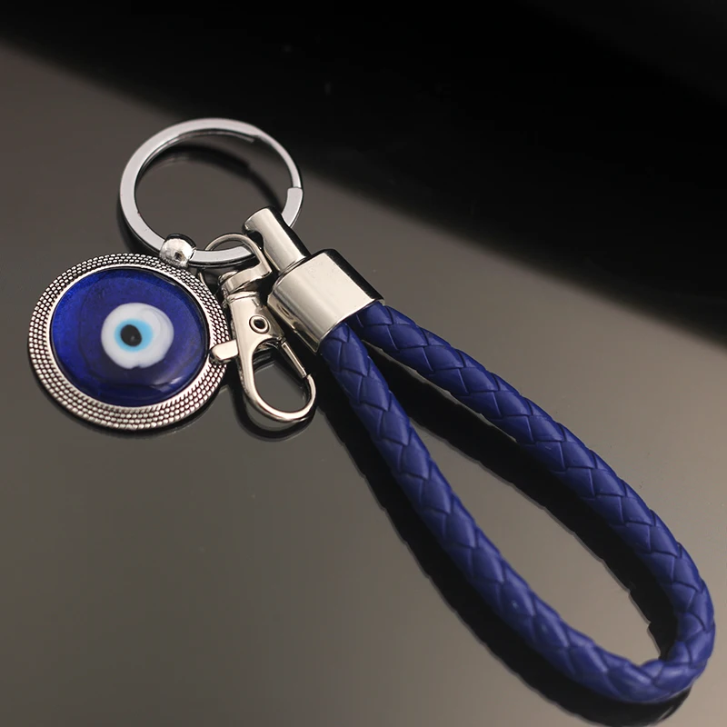 
custom logo key chain Turkish evil blue eye leather rope pu rope key ring of girl 
