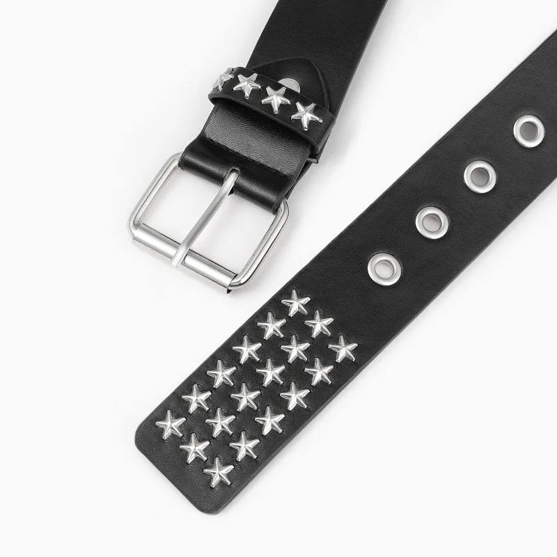 Three Rows of Pentastar Stars Hollowed out Unisex Punk Y2K Style Belt  with Casual Fashionable Pin Buckle Riveted PU Material