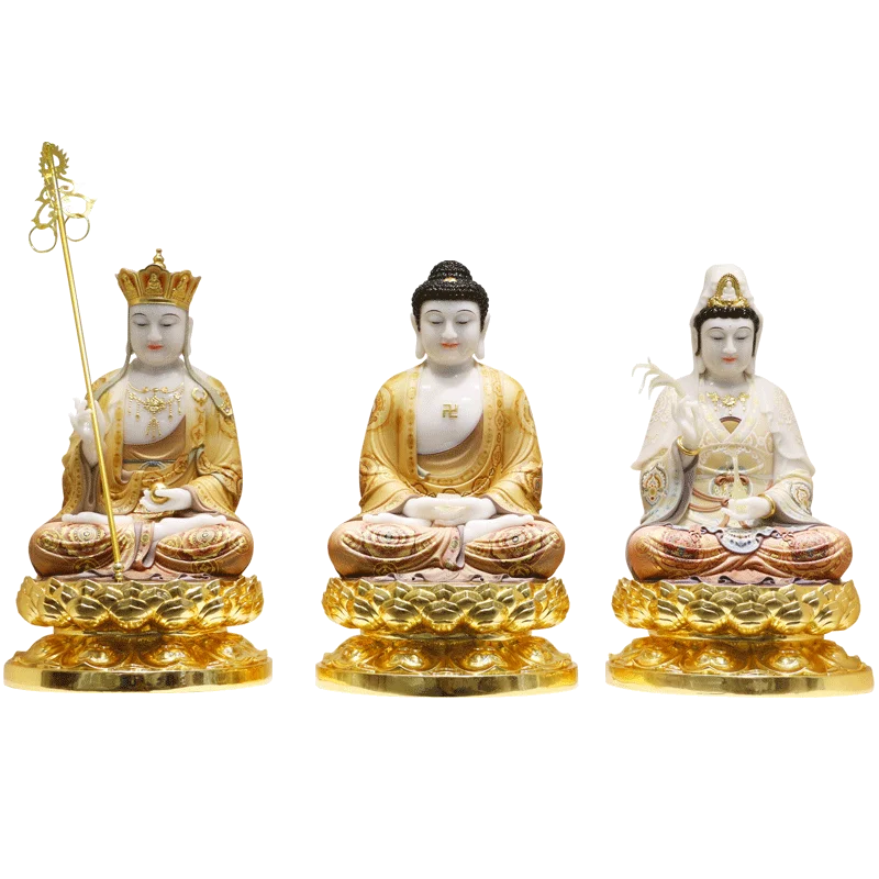 Chinese White Jade Whirlpool Three Sacred Buddha Statues Gold Crafts Guanyin Bodhisattva Jizo King Buddha Statue