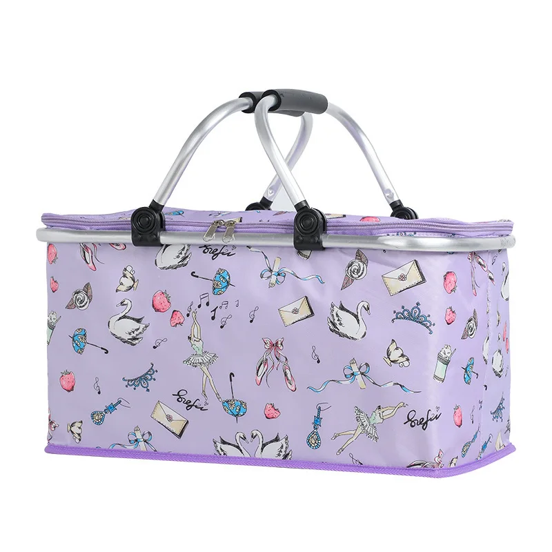 Outdoor large-capacity folding picnic basket Oxford cloth insulation basket multifunctional picnic bag aluminum foil ice basket