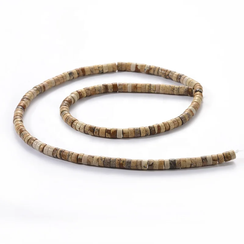 Wholesale Semi - Precious Flat Round Wheel Shaped Natural Gemstone Brown Picture Jasper Stone Beads Heishi For Jewelry Making