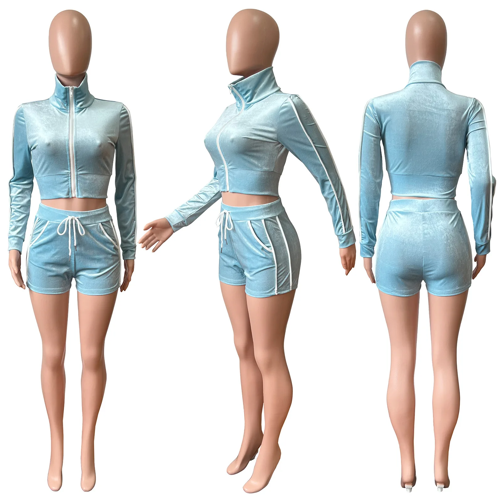 fall lounge wear 2022 Custom logo Wholesale Crop Velour Two Piece Tracksuit Zip Up Sweatshirt Shorts Set velvet Women clothes