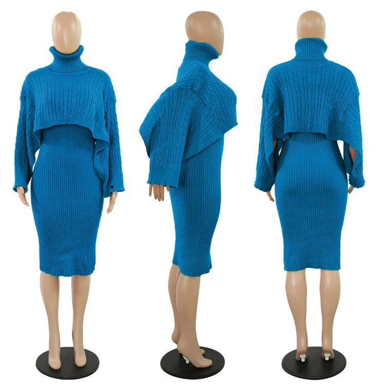 P6273-fashion turtleneck long sleeve knit sweater dress set 2 piece fall sets woman sweater suit