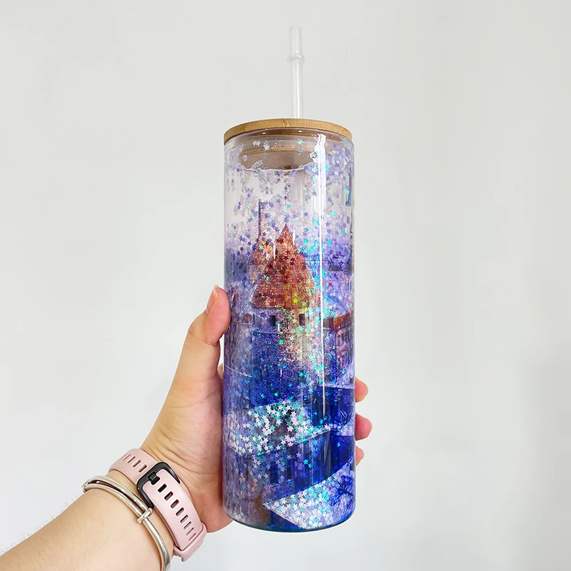 USA warehouse 20oz straight Sublimation pre drilled snow globe glitter 20oz double wall glass tumbler For Heat Transfer Printing