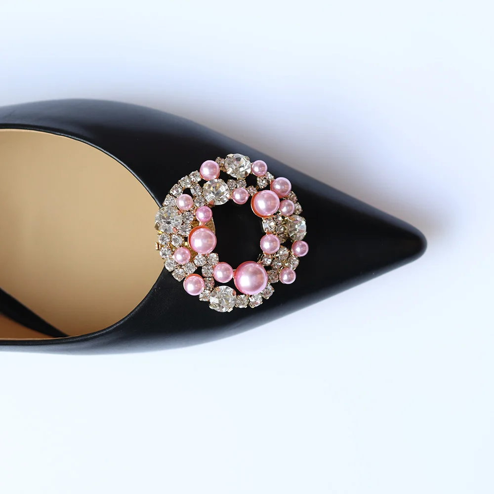 fashion round rhinestones shoe clips pink pearl shoe buckle ornaments clips for woman for wedding