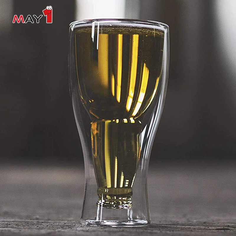 Hot sale Different Size Upside Down Beer Bottle Shape Double Wall Glass Cup for Beer Water Wine Cocktail Vodka