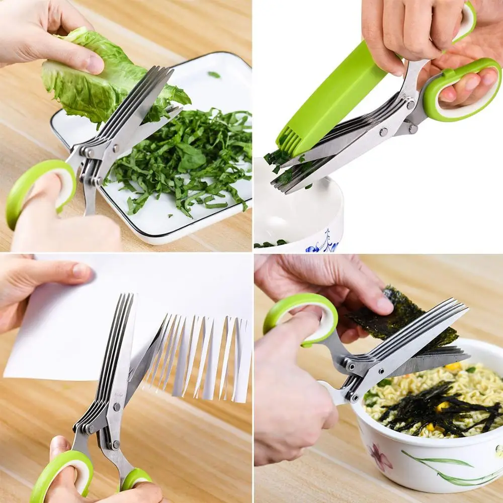 Multipurpose 5 Blade Kitchen Herb Vegetable Scissors Cutting Shear With Safety Cover And Cleaning Comb