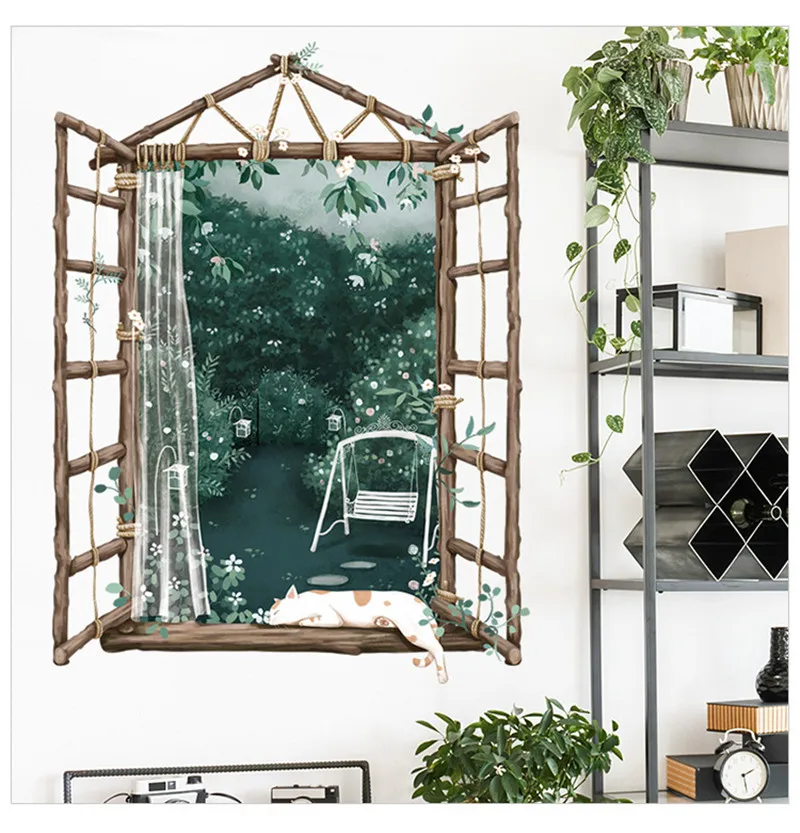 Green Plants Window Sticker Cats Wallpaper For Bedroom Creative Living Room Decorative Wall Mural Self Adhesive Home Decor Decal