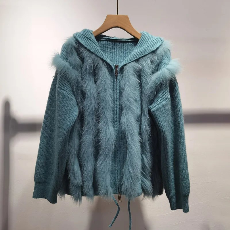 Women Autumn Real Fox Fur Trim Knitted Hooded Cardigans Female Long Sleeve Loose Sweater With Hood Plus Size Open Stitch