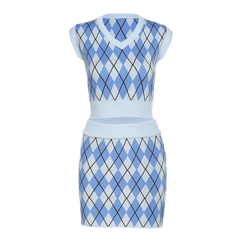 2021 fall new arrival INS sweater sets women Argyle pattern knitted tank top skirt sweater 2 pieces sets women clothing