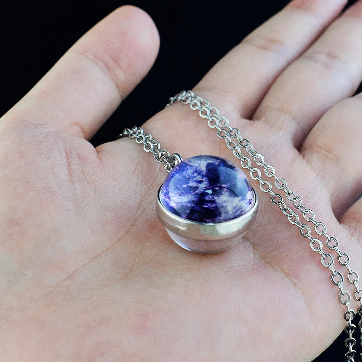 Wholesale Luminous Planets Nebula Outer Space Glass Ball Pendant Silver Metal Chain Jewelry Women Necklace
