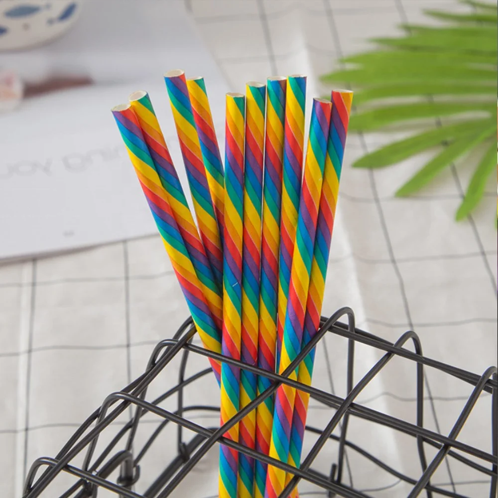 6*210mm 8*197mm Christmas Decoration Rainbow Paper Drinking Straws