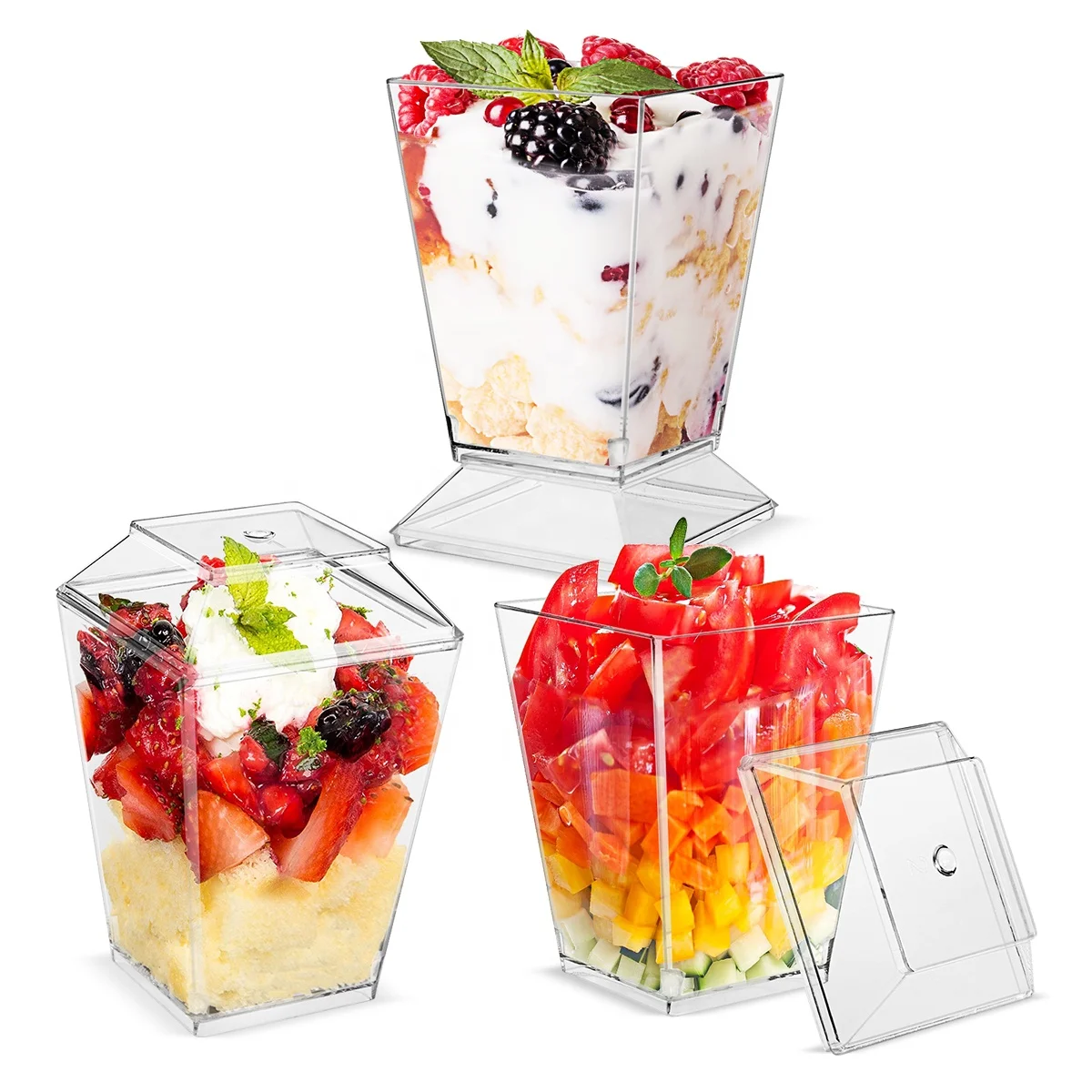 Party Supplies Square Clear 5oz Plastic Mini Dessert Ice Cream Cups with Lids and Spoons