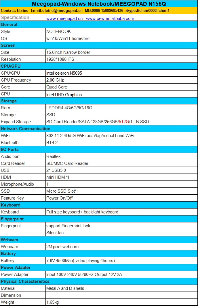 New Slim Laptop Silent fan 15.6 inch 16G RAM Intel celeron N5095 with Full size keyboard and  backlight keyboard Laptop