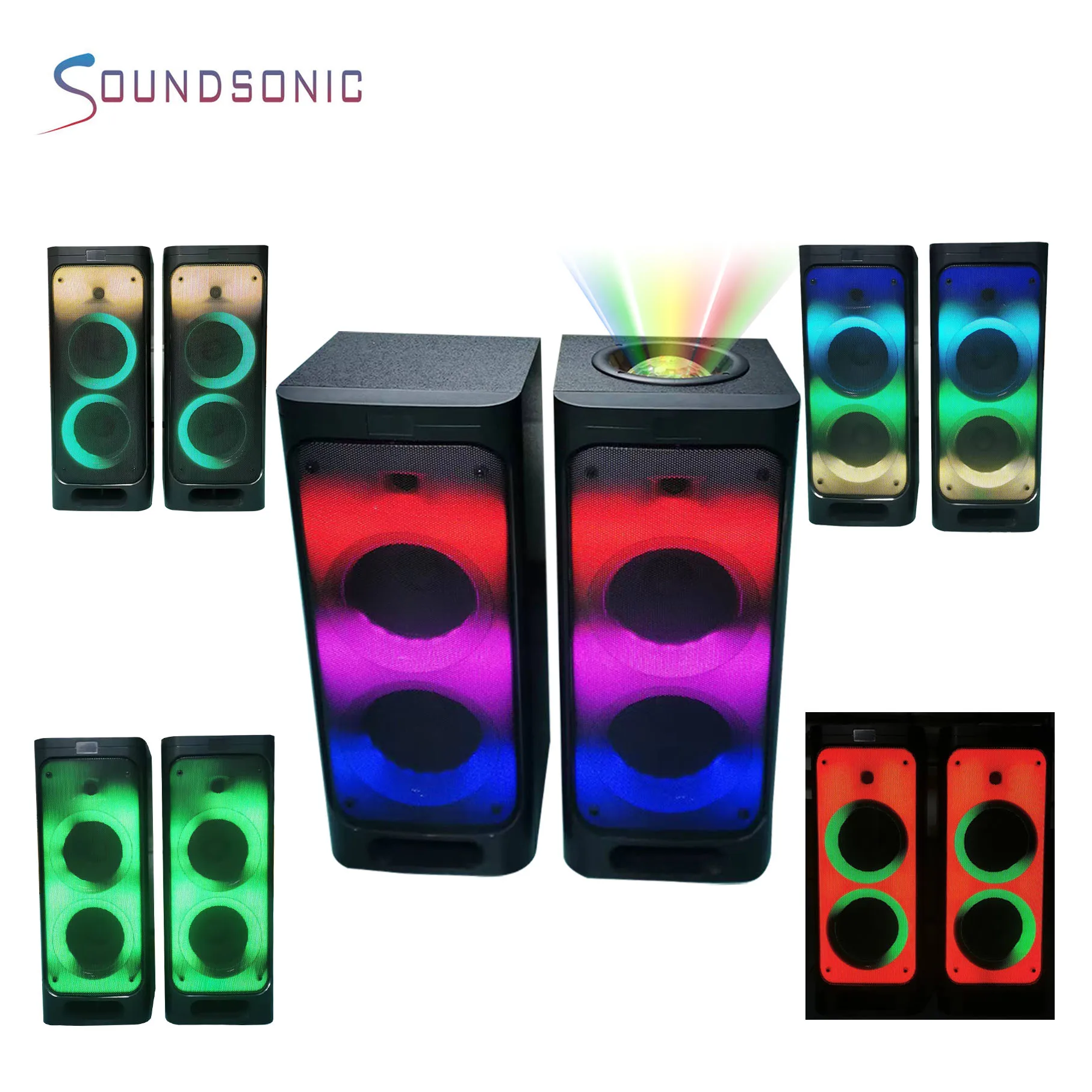 Hot sale big power stage speaker double 8 inch woofer active speaker with flame light bt radio sd