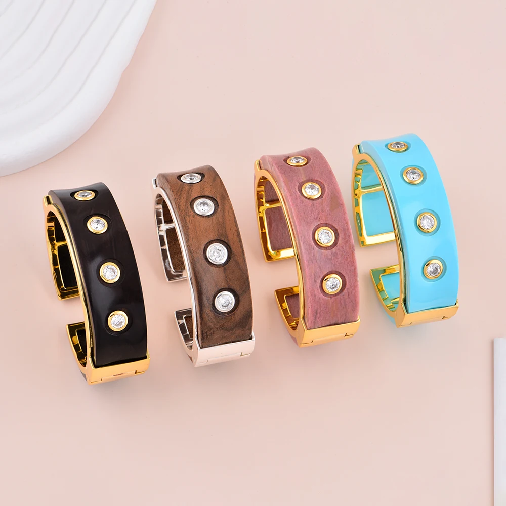 ChinChin Bangles Copper Jewelry Women 18k Gold Plated Brass Rhodonite With CZ Zircon Adjustable Cuff Banglen Jewelry