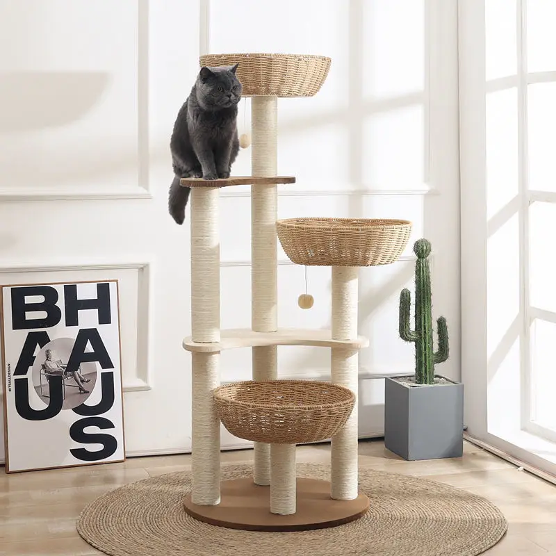MPJ010 Luxury Multilayer Pet Play Furniture Activity Center Cat Condo Cat Scratching Post Rattan Woven Solid Wood Cat Tree