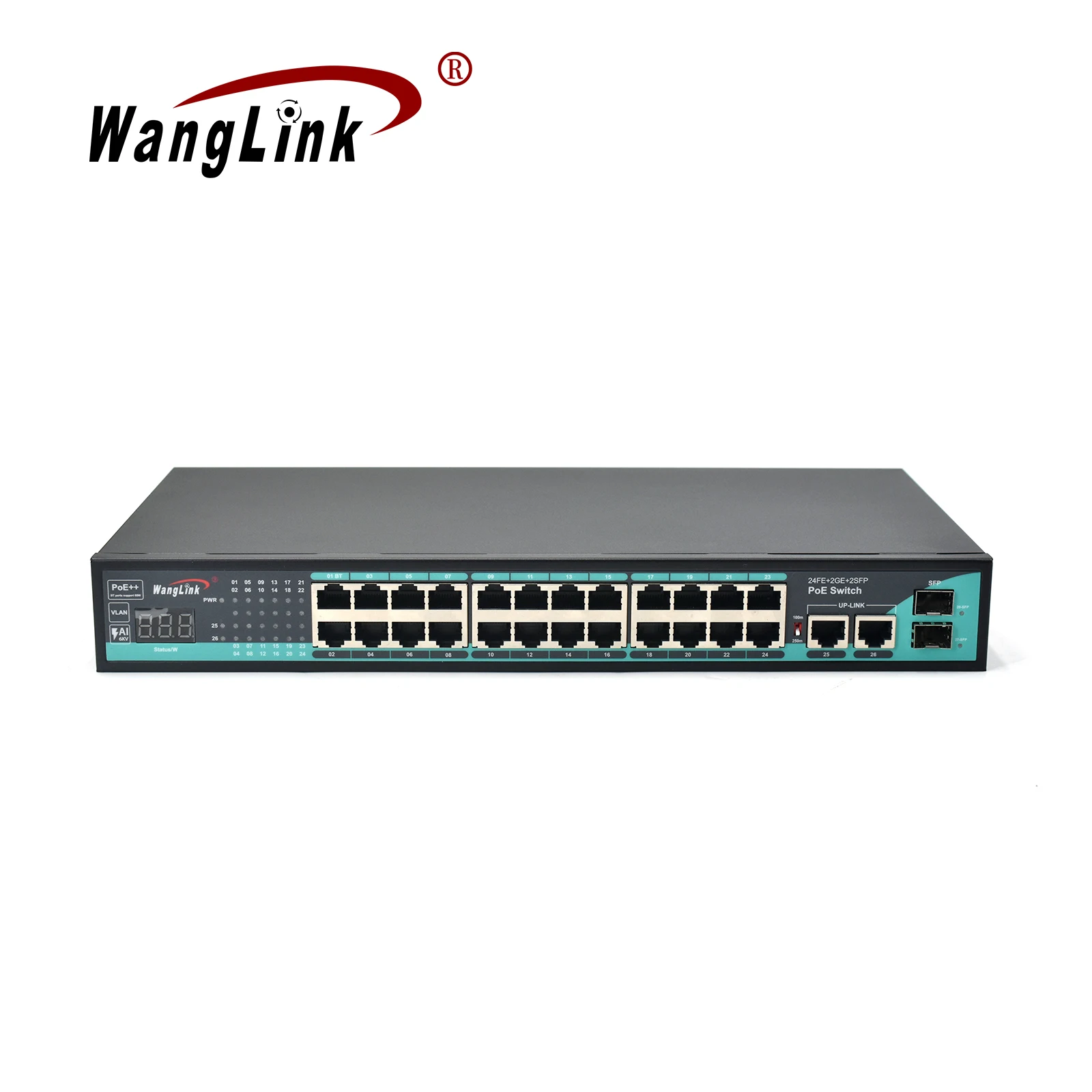 Wanglink PoE Ethernet Switch 24 10/100M PoE Ports 2 GE RJ45 Uplink 2 GE SFP Slot Switch PoE with VLAN and Digital Display
