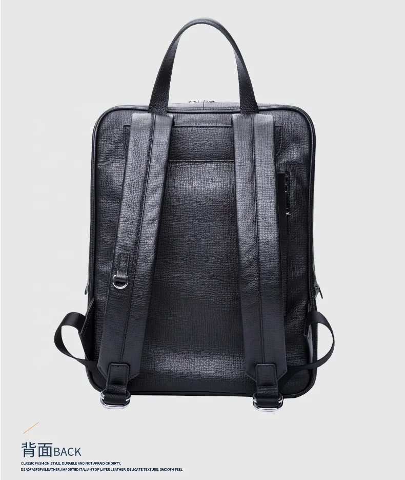 
Wholesale and Retail Black Full Grain Leather Bag Genuine Leather Men Backpack with USB Headphone Jack Hole 