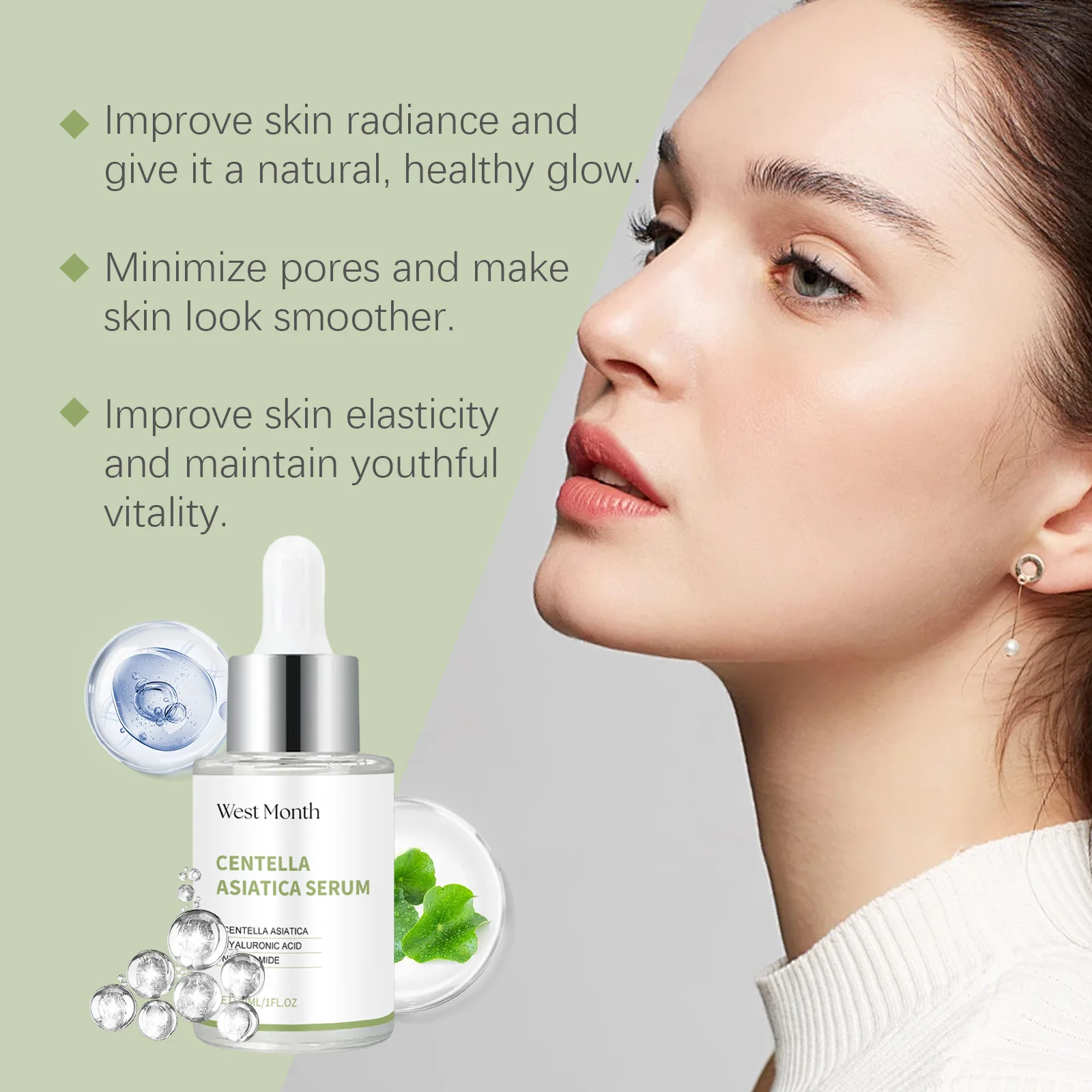 WEST MONTH Organic Face Skin Smoothing Moisturizing Hydrate Brightening Repair Strengthen Organic Centella Asian Extract Serum