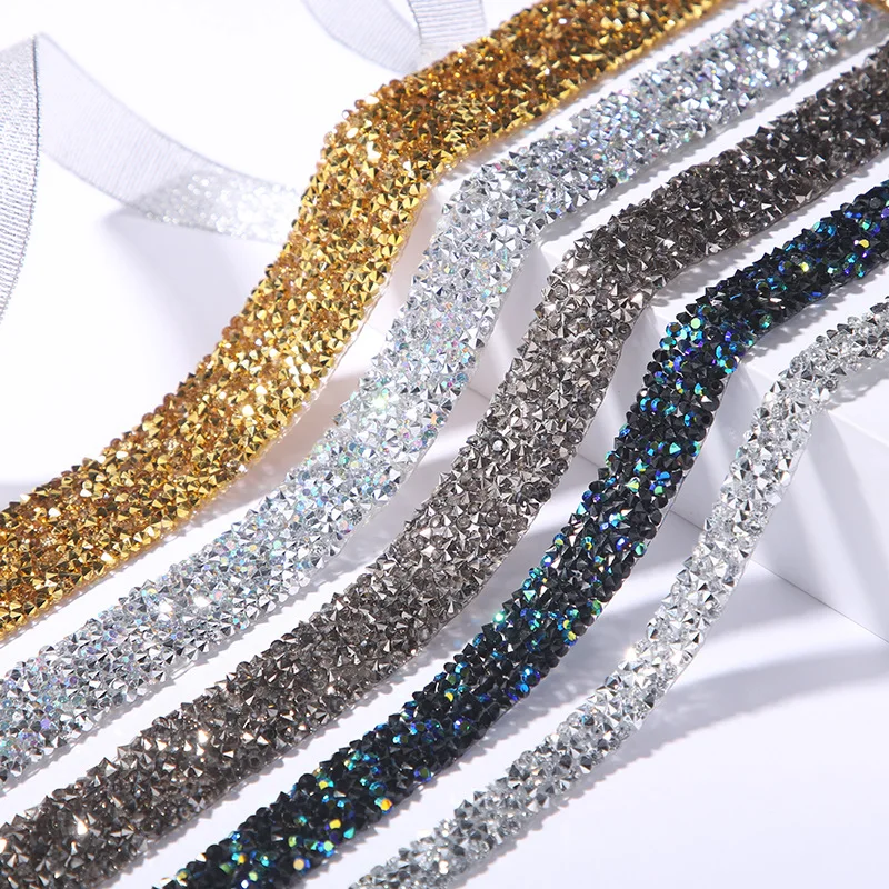 Hotfix Colorful AB Rhinestone Trim Chain Crystal Fabric Ribbon Strass Banding Resin Applique for Clothes Crafts