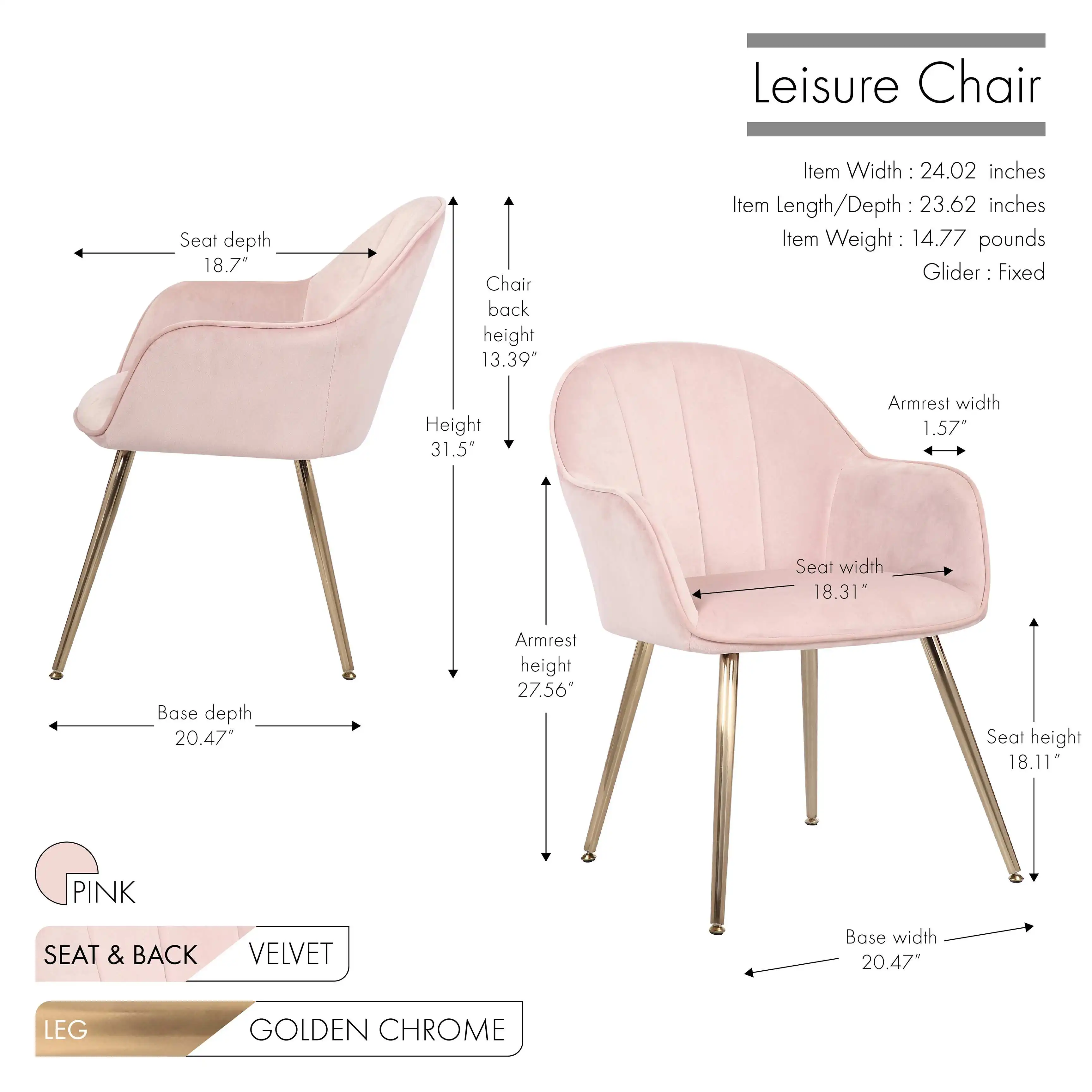 Multi-Functional Home Furniture Velvet Upholstery Golden Chrome Leg Adjustable Foot Living Room Pink Leisure Chair With Arm Rest