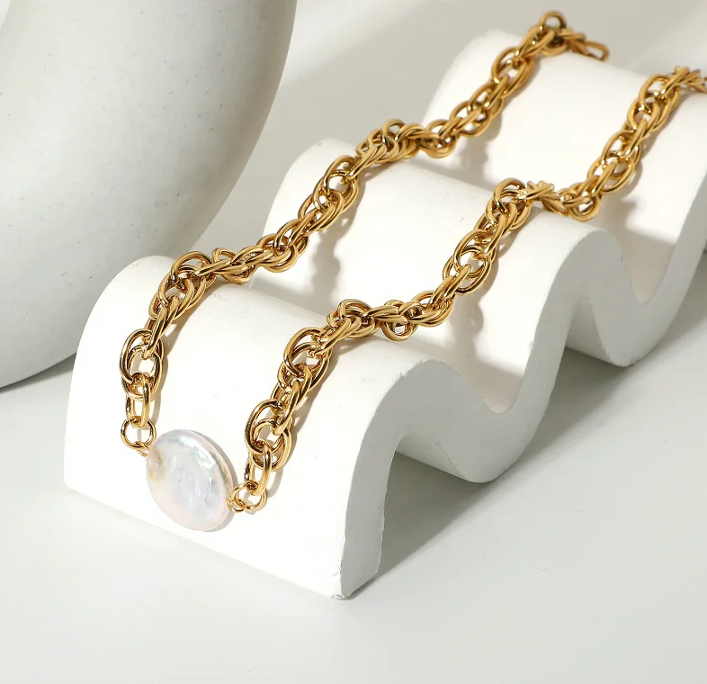 Vintage Baroque Pearl Chain Choker 18k Gold Plated Stainless Steel Statement Thick Chunky Bold Chain Pearl Necklace Jewelry