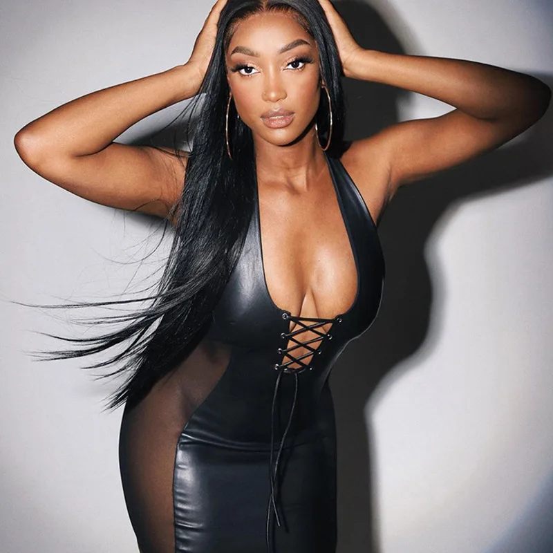 2022 Summer Black Fashion Patchwork Backless Party Bodycon Lace Up Halter Mini Leather Mesh Club Sexy Dresses For Ladies Women