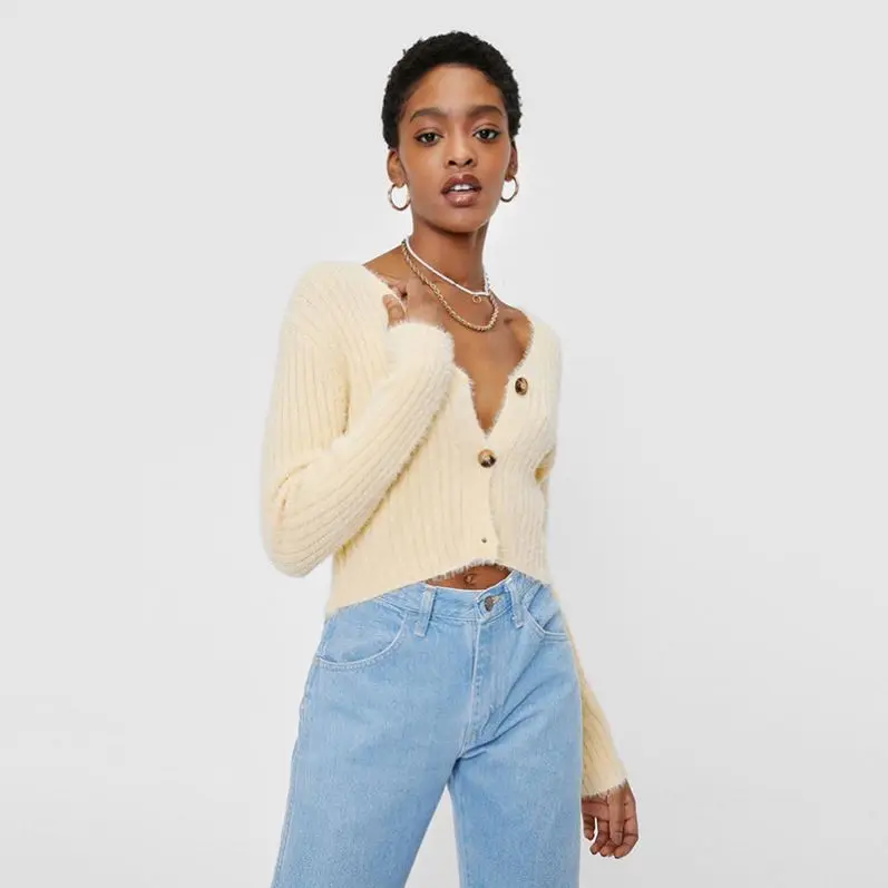 Wool Cotton Sweater Tops Women Custom Cardigan Sweaters Fluffy Knit Button Down V Neck Cardigans