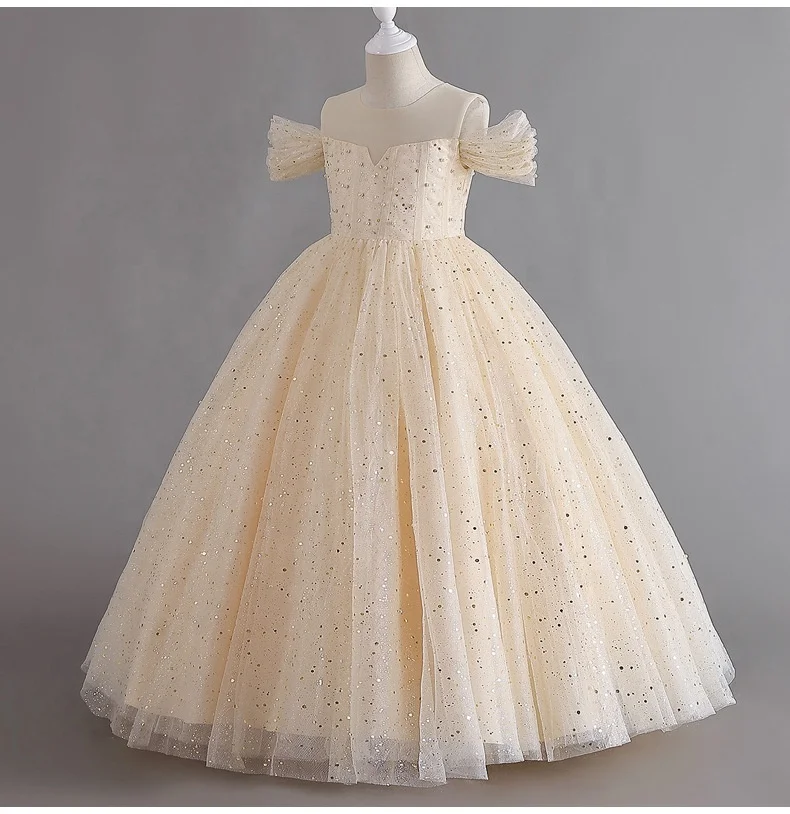 Boutique Kids Litter Girl Party Ball Gown Off Shoulder Children Elegant Beading Sequined Junior Bridesmaid Flower Girls Dress