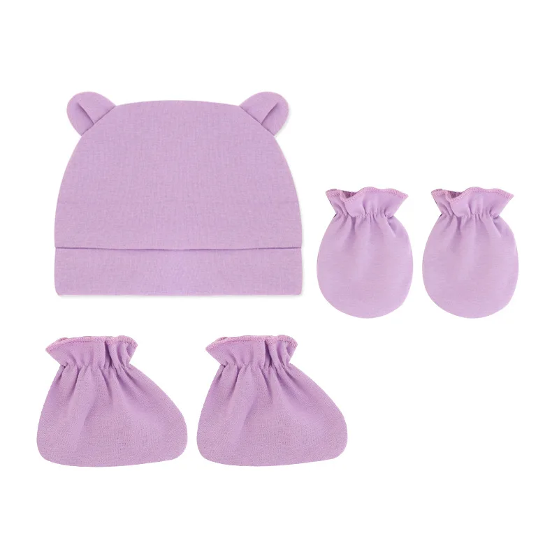 Newborn baby keep warm mitten booties set cute design plain color baby hats and mittens set