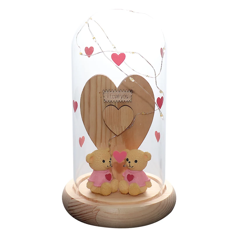 Wholesale Artificial Lovers Bear Glass Dome Glass Dome Decorative With Base Birthday Gifts In Glass Dome