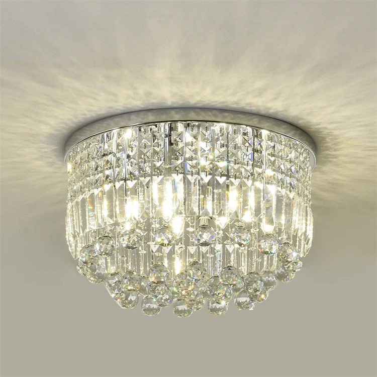 Simple Lobby Living Room Chandelier Rain Drop Round K9 Crystal Ceiling Light Chrome