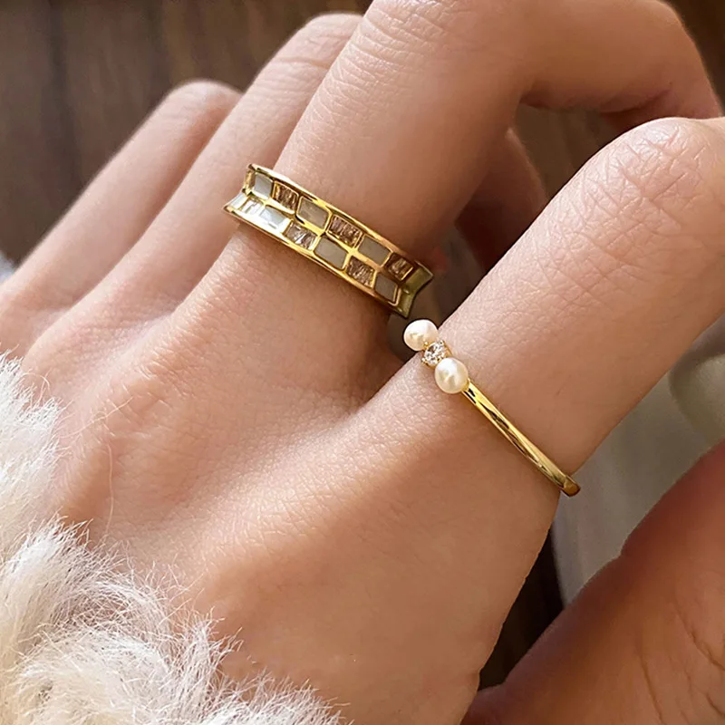 Vershal C4-183 18K Gold Plated New Arrival Fashion Pearl Zircon Minimalist Adjustable Open Ring