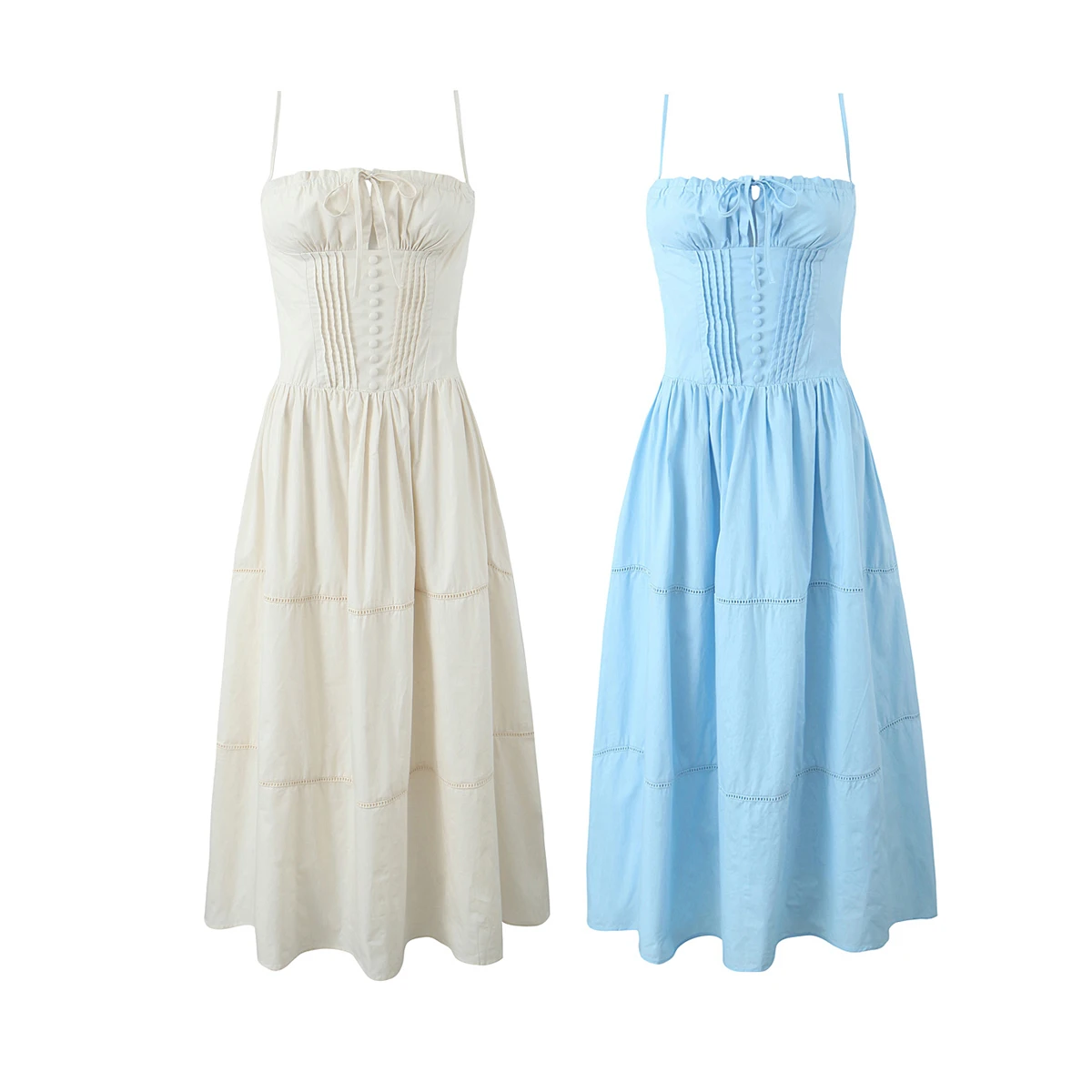 2 colorway spaghetti strap solid color buttons up front lace up casual cotton long slip dress for women