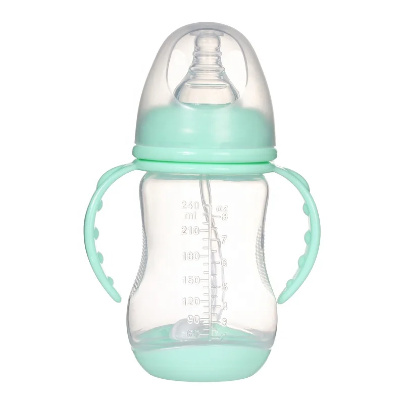 Wide caliber PP milk bottle anti flatulence belt handle straw baby feeding bottle 180 240ml optional bulk