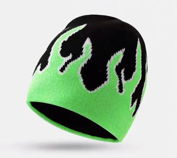 Fire Flame Pattern Beanie Knit Beanie Hat Y2K Skullies Slouchy Beanie