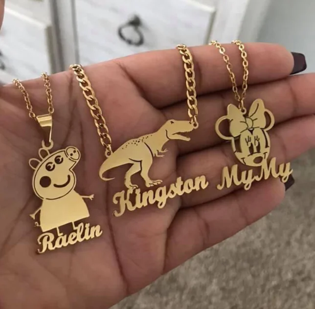 Luxury Fashion Real Gold 14K 18K Cursive Pinterest Jewellery Women Chain Custom Signature Kids Name Playe Cartoon Necklace Pic